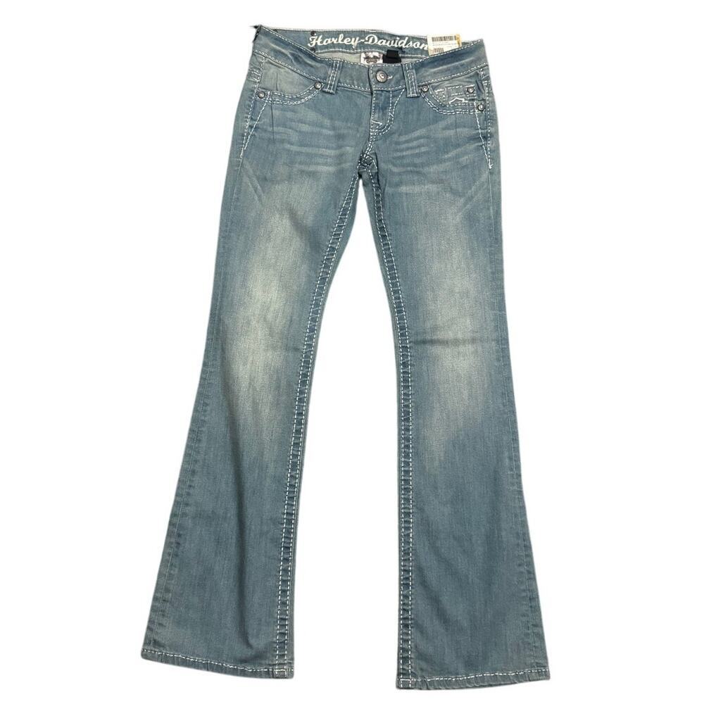Harley-Davidson NWT Curvy Boot Cut Jeans Skull Embellished, Light Wash (Size: 0)